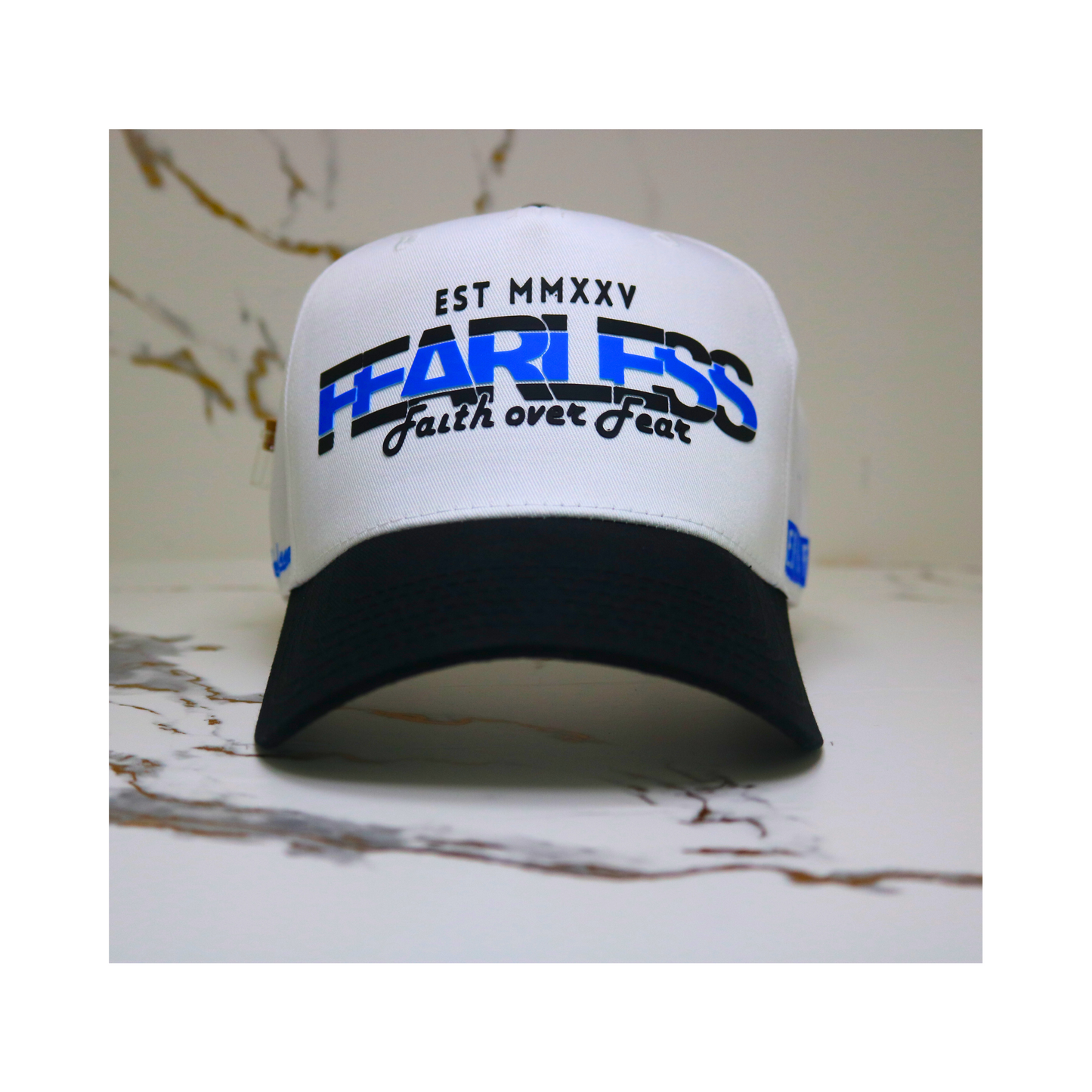 Fearless Signature Hat – White & Black with Fluorescent Blue Design