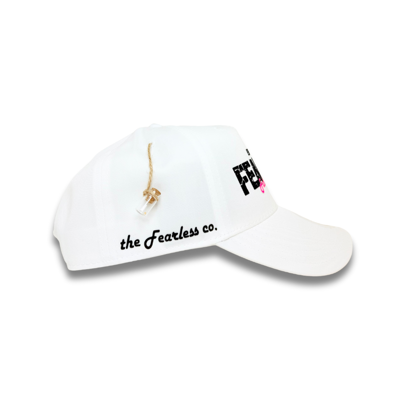 Fearless Signature Hat – White & Black with Distressed Pink Design