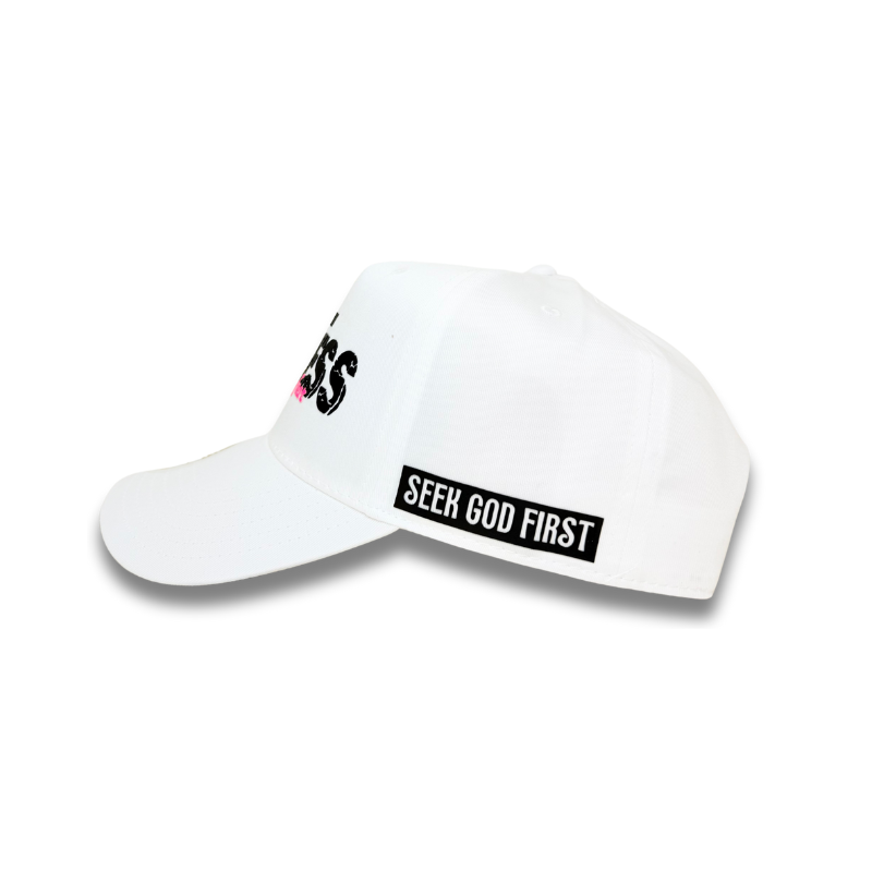 Fearless Signature Hat – White & Black with Distressed Pink Design