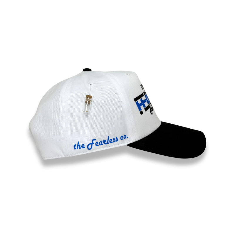 Fearless Signature Hat – White & Black with Fluorescent Blue Design