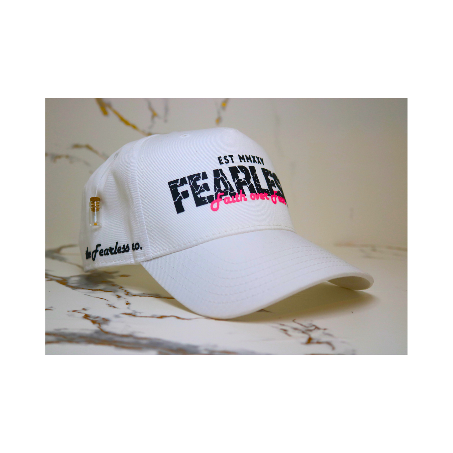 Fearless Signature Hat – White & Black with Distressed Pink Design