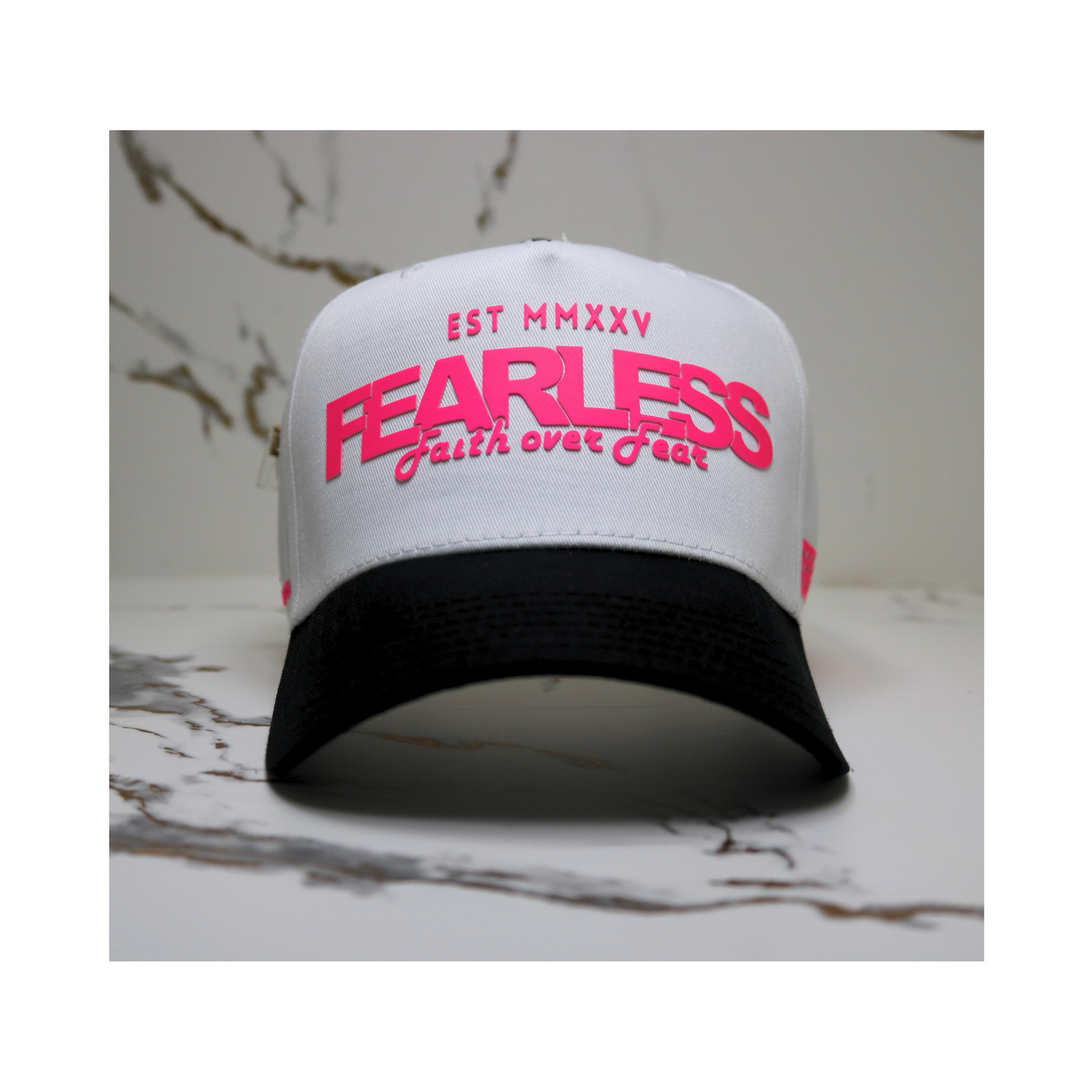 Fearless Signature Hat – White & Black with Fluorescent Pink Design