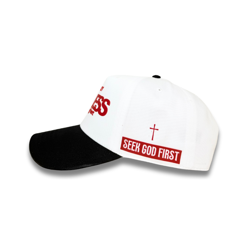 Fearless Signature Hat – White & Black Cap with Red Design