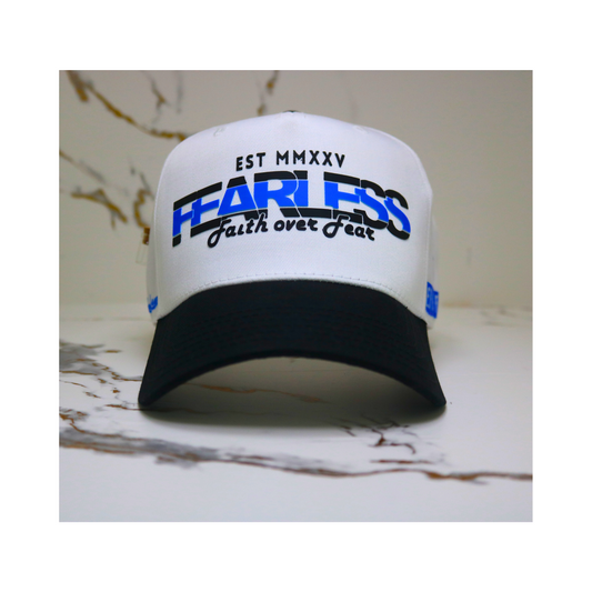 Fearless Signature Hat – White & Black with Fluorescent Blue Design