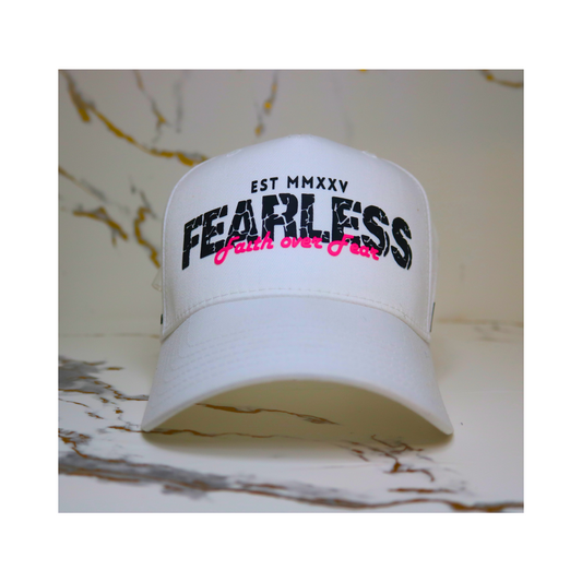 Fearless Signature Hat – White & Black with Distressed Pink Design