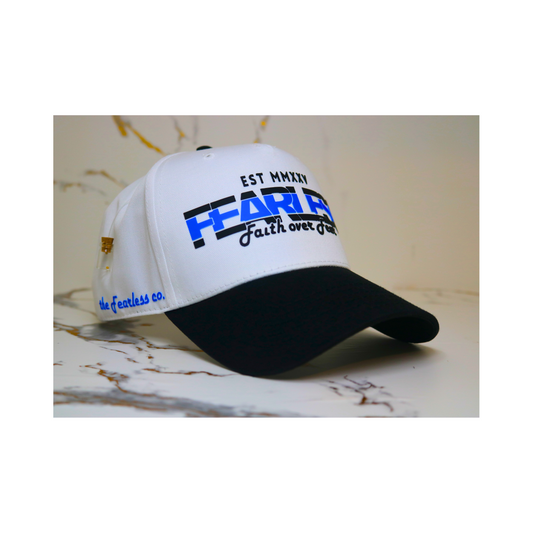 Fearless Signature Hat – White & Black with Fluorescent Blue Design
