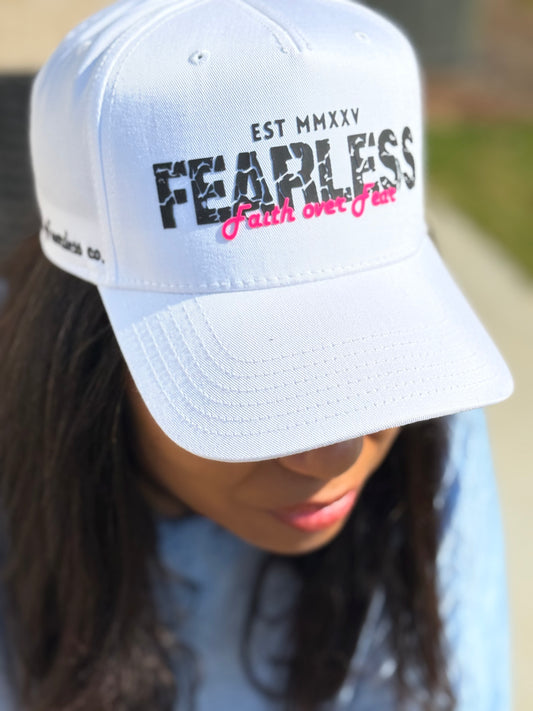 Fearless Signature Hat – White & Black with Distressed Pink Design