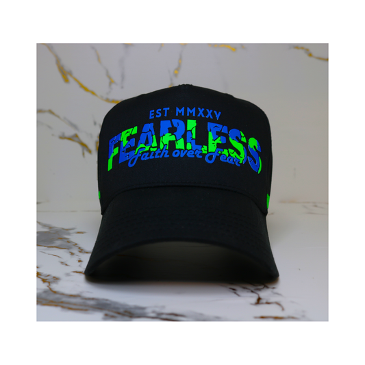 Fearless Signature Hat – Black with Fluorescent Blue &amp; Green Design