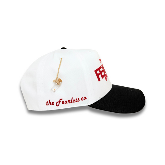 Fearless Signature Hat – White & Black Cap with Red Design