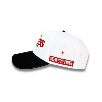 Fearless Signature Hat – White & Black Cap with Red Design