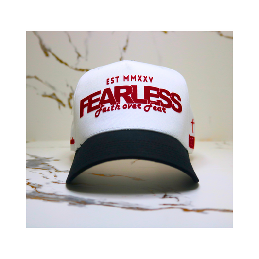 Fearless Signature Hat – White & Black Cap with Red Design