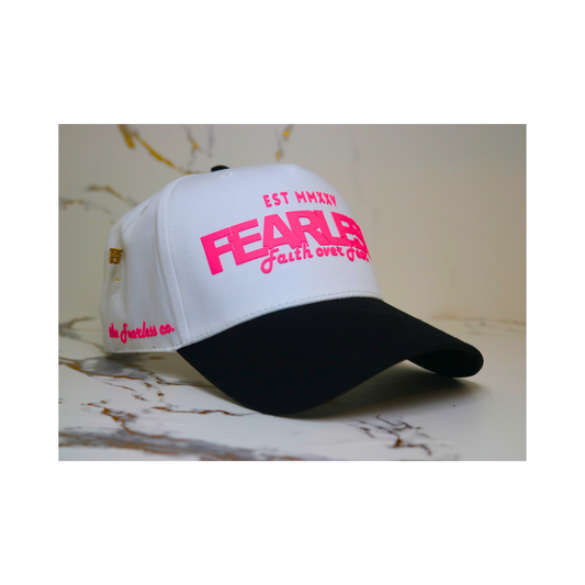 Fearless Signature Hat – White & Black with  Fluorescent Pink Design